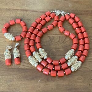 NWOT—Elegant Coral and Gold Jewelry Set
